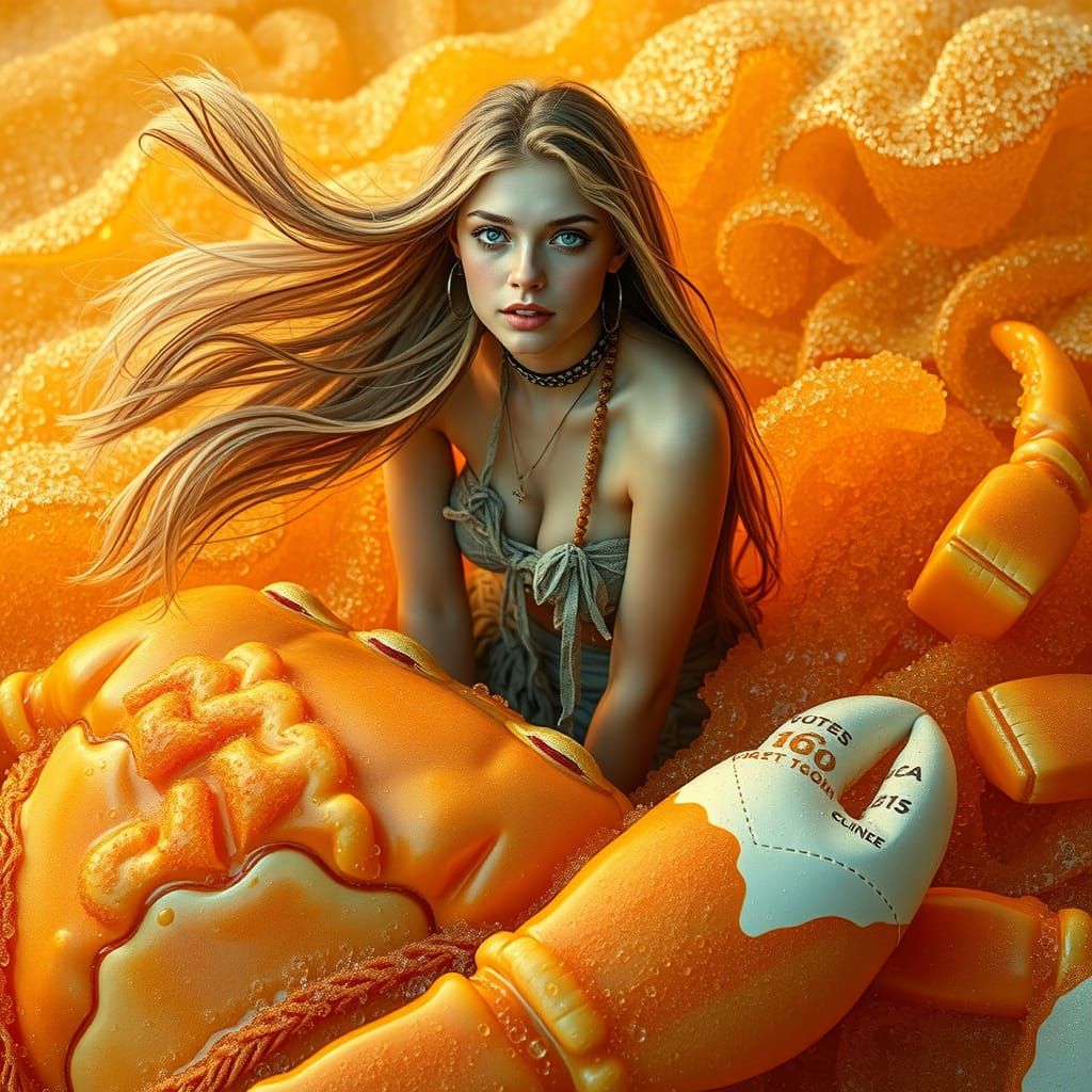 Woman Riding Gummy Crab in Dreamlike Sea
