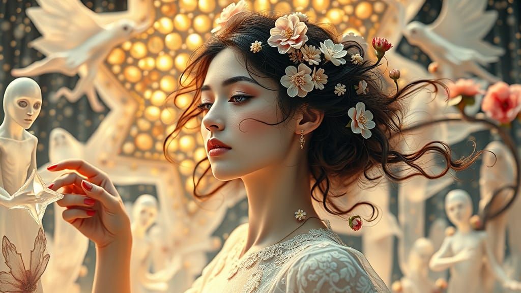 Porcelain Woman Dancing in a Surreal Utopia