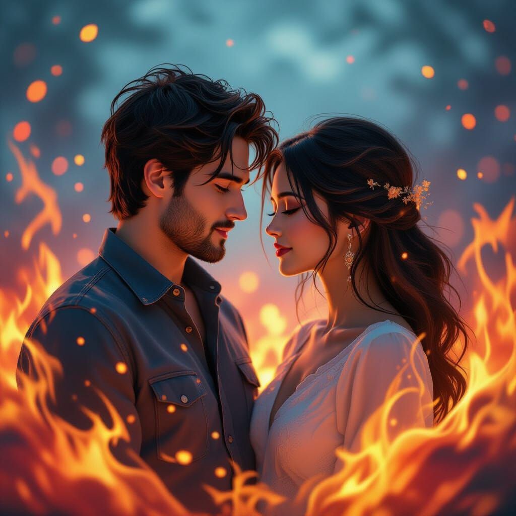 Cinematic Portrait of Couple Amidst Flames and Neon Particle...