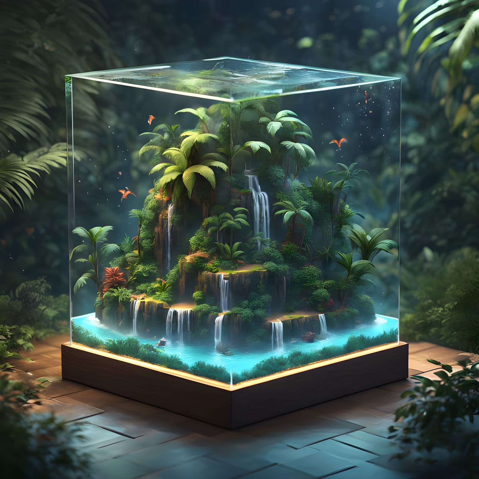 Tropical Oasis in a Glass Cube: A Vibrant Fantasy Scene in U...