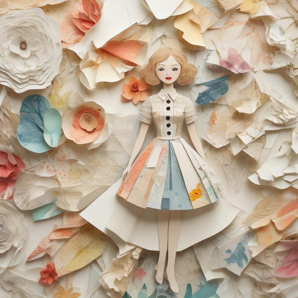 Paper Doll in White Room as Mixed Media Collage