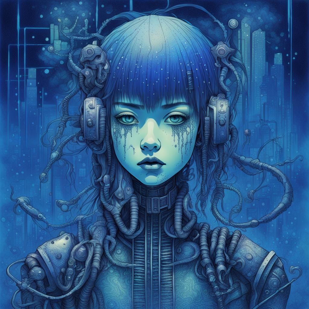Biomechanical Mermaid Girl Amidst Cyberpunk Aquatic Wastes