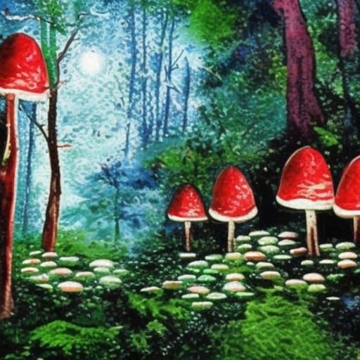 Glowing Lanterns and Mushrooms in Enchanted Forest