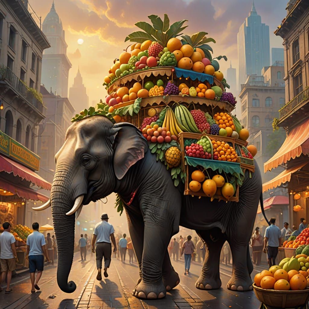 Elephant Fruit Stand in a Whimsical City