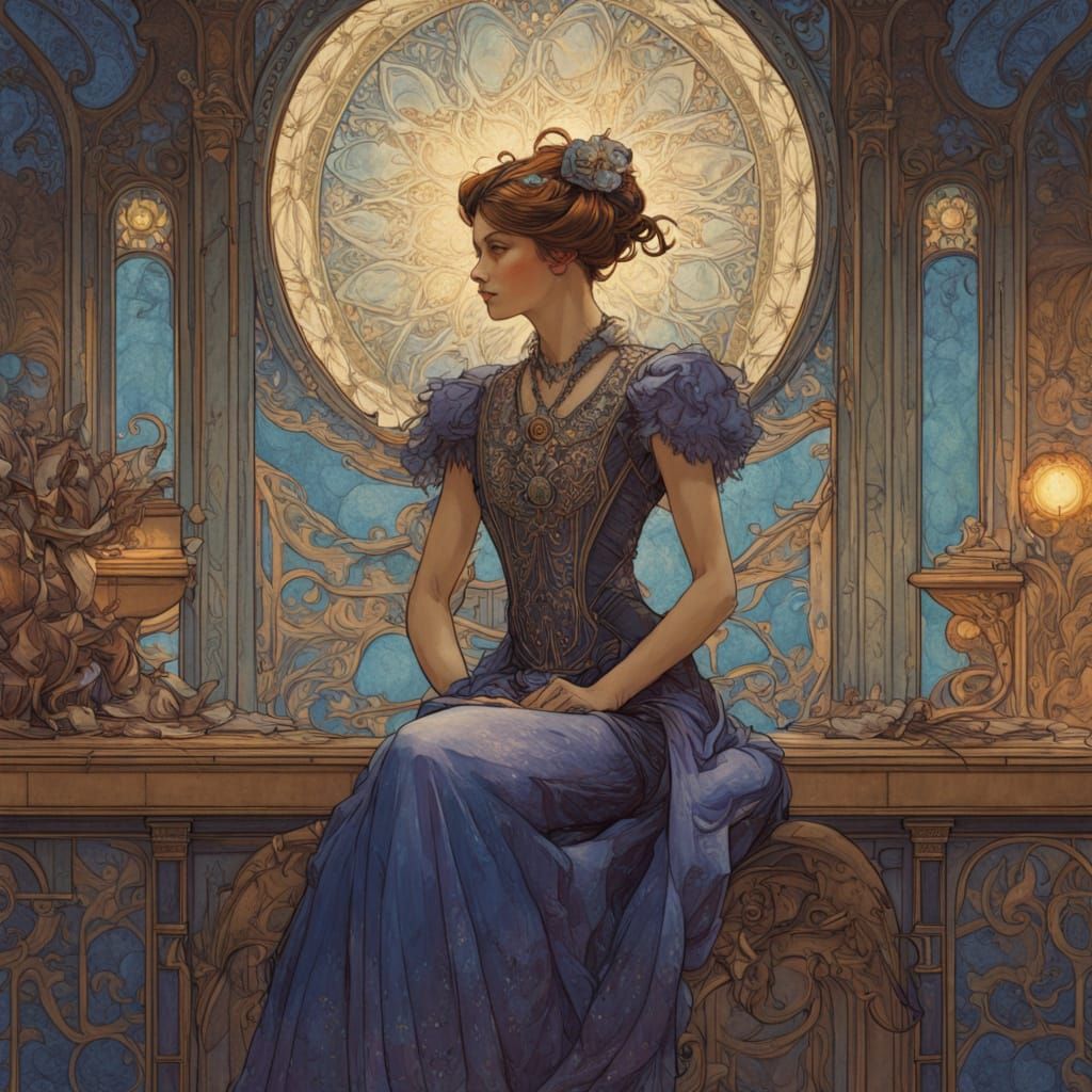 Celestial Seamstress Weaving Starlight Gowns: Art Nouveau