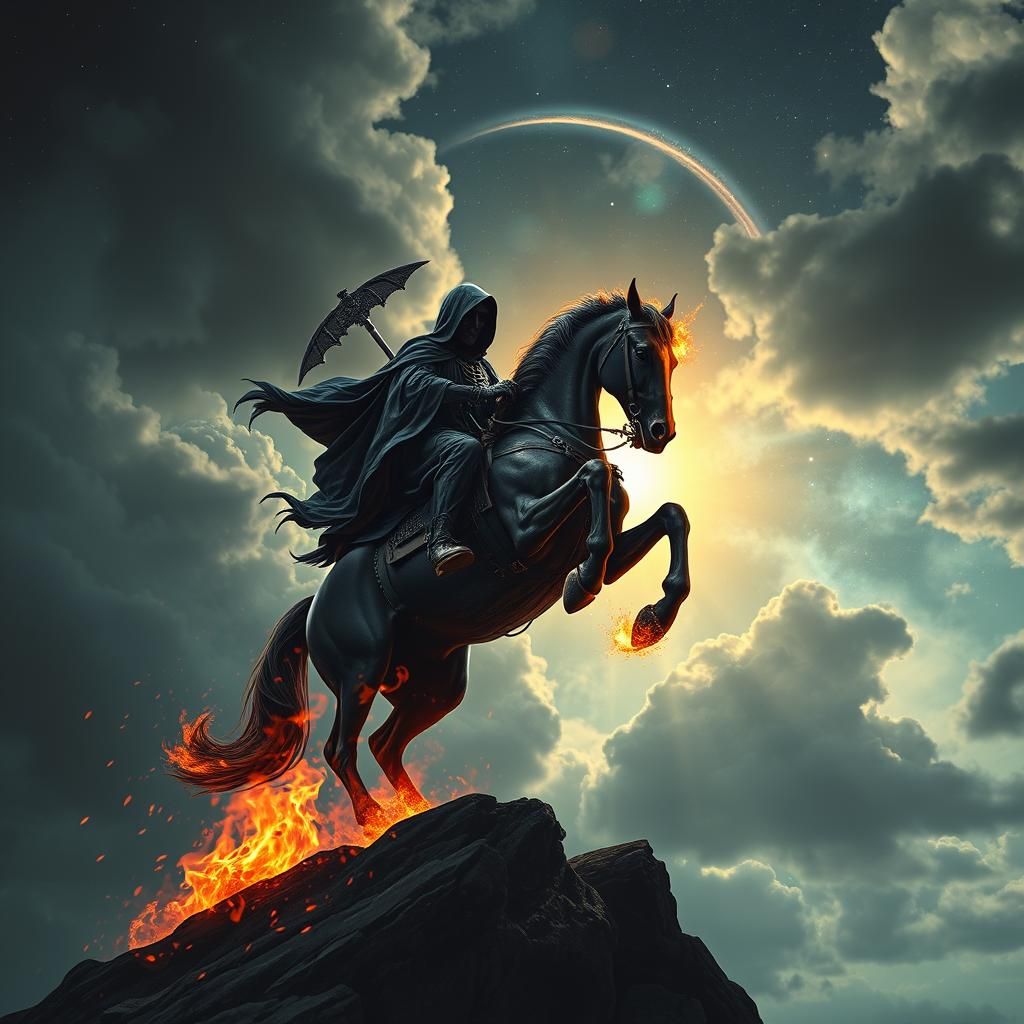 Grim Reaper on Burning Horse, Holographic Illustration