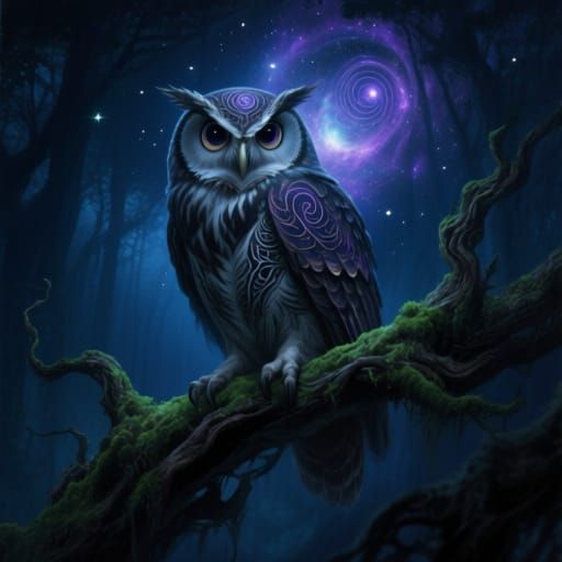 Wise Owl With Cosmic Eyes in Starlit Forest
