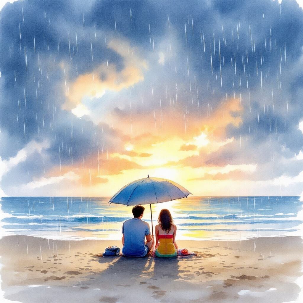 Rainy Beach Sunset: A Watercolor Painting