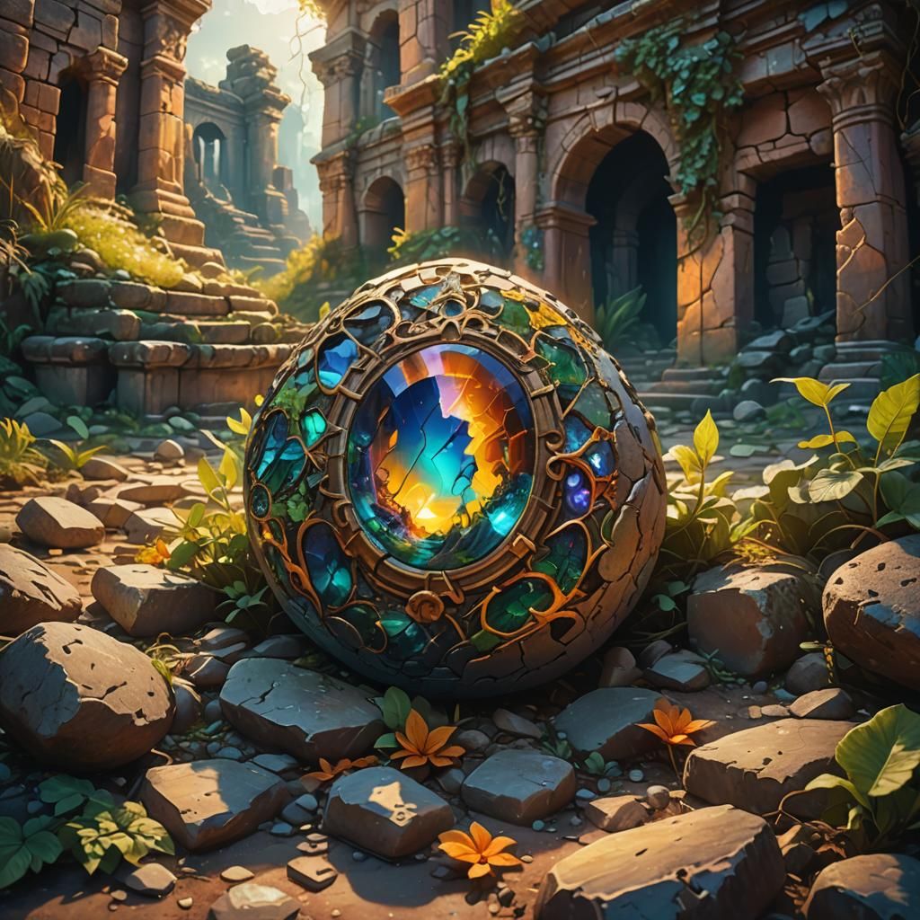 Glowing Stone Amidst Ancient Ruins: Surreal Oil Painting