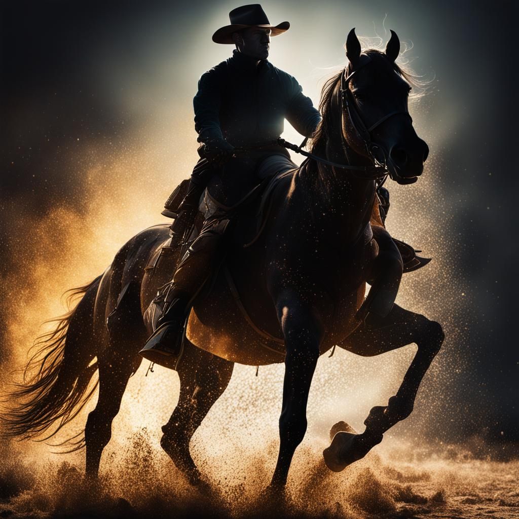 Dramatic Silhouette: Man on Horse in Splash Art