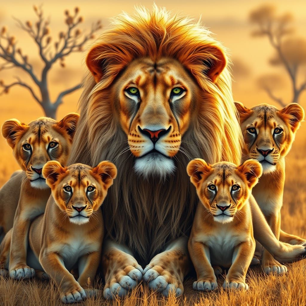 Regal Lion Pride in Golden Savannah Landscape
