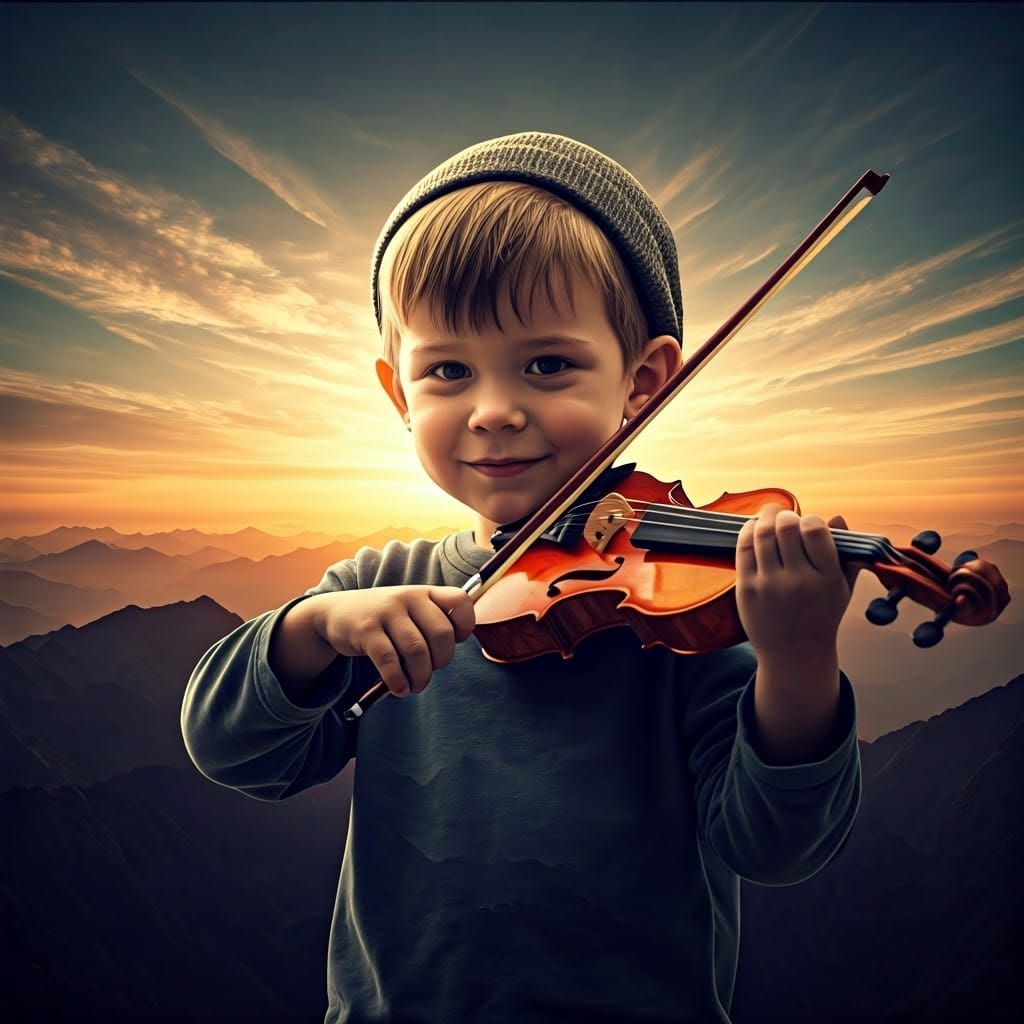 Boy's Silhouette with Surreal Violin Landscape