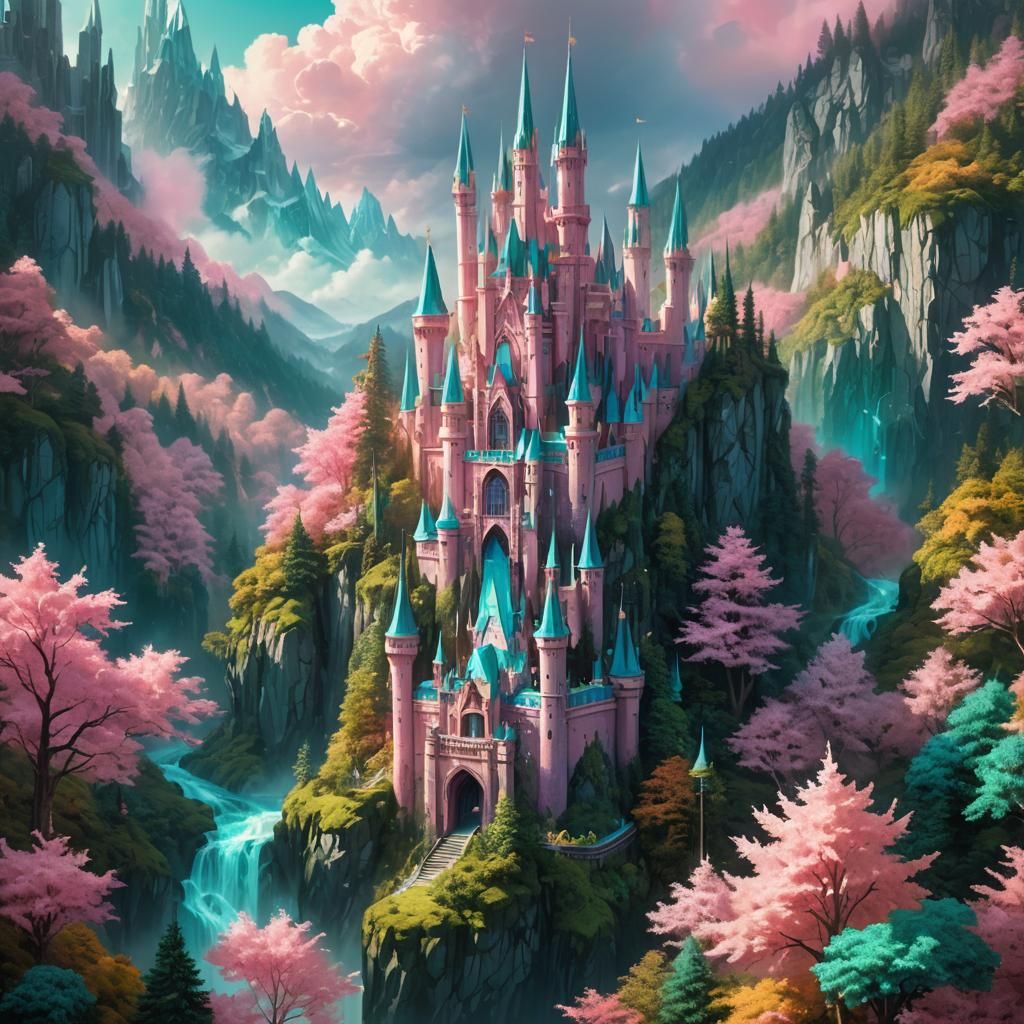 Pink Crystal Castle in Emerald Forest: Fantasy Art