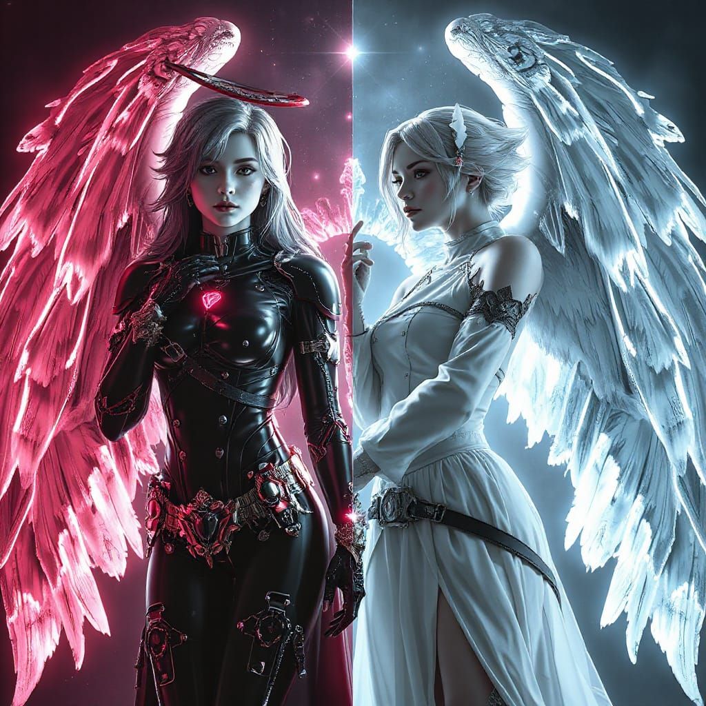 Angelic Opposites: Good vs Evil in Cyberpunk Style