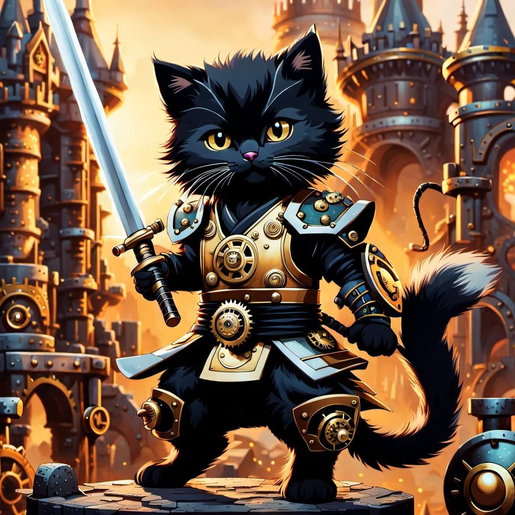 Steampunk Samurai Kitten in a Fantasy Landscape