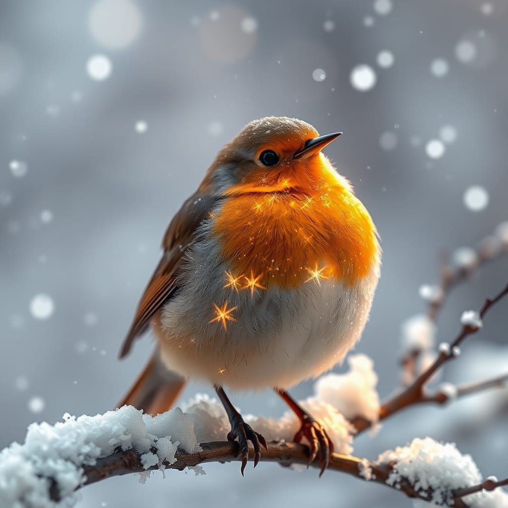 Glowing Celestial Robin in Winter Snowfall