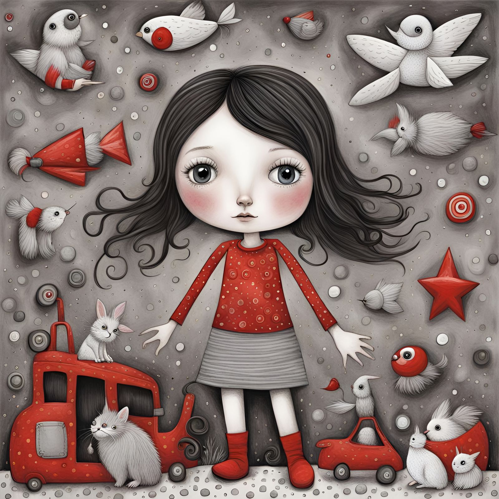 Whimsical Comic Art: Girl and Toys in Fantasy Style