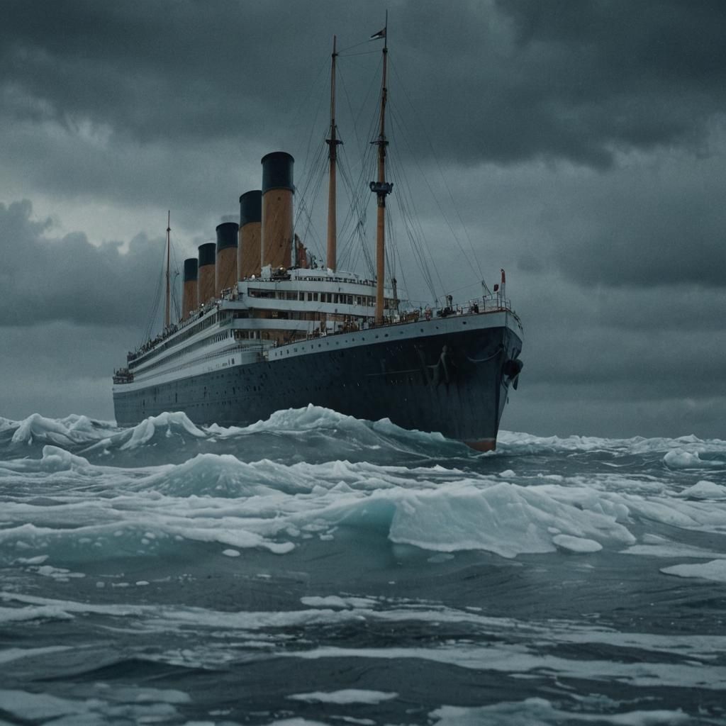 Titanic Sinking in Icy Waters: Cinematic Film Still