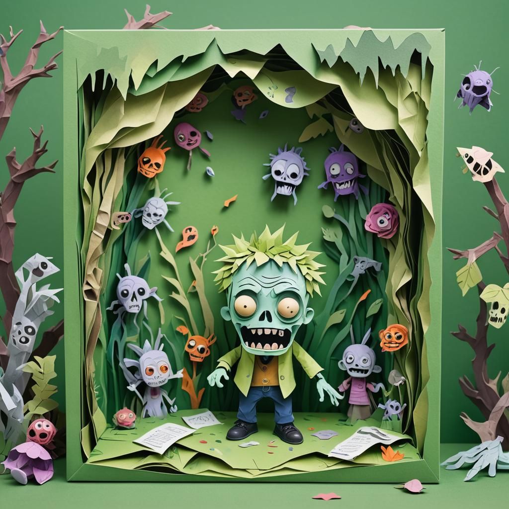 Whimsical Zombie Diorama in Watercolor Style