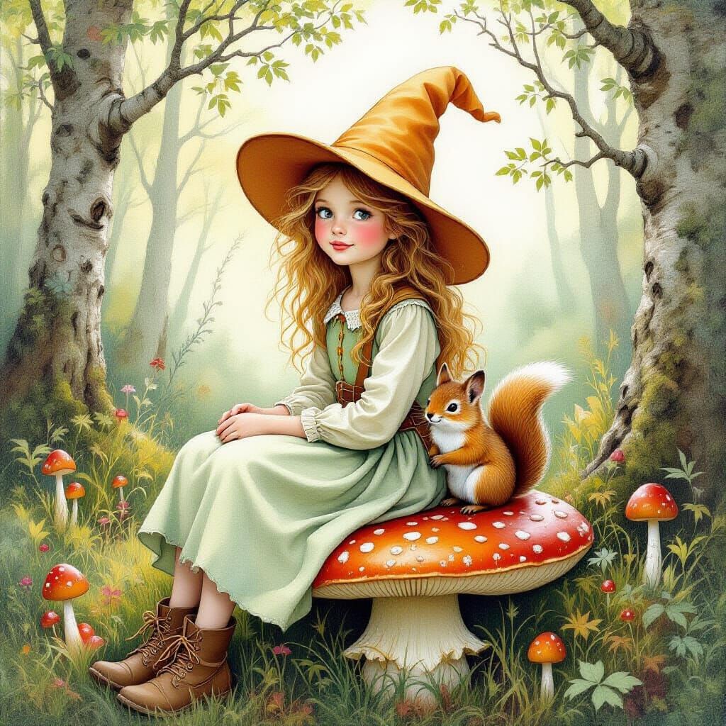 Elf Girl with Squirrel in Enchanted Forest
