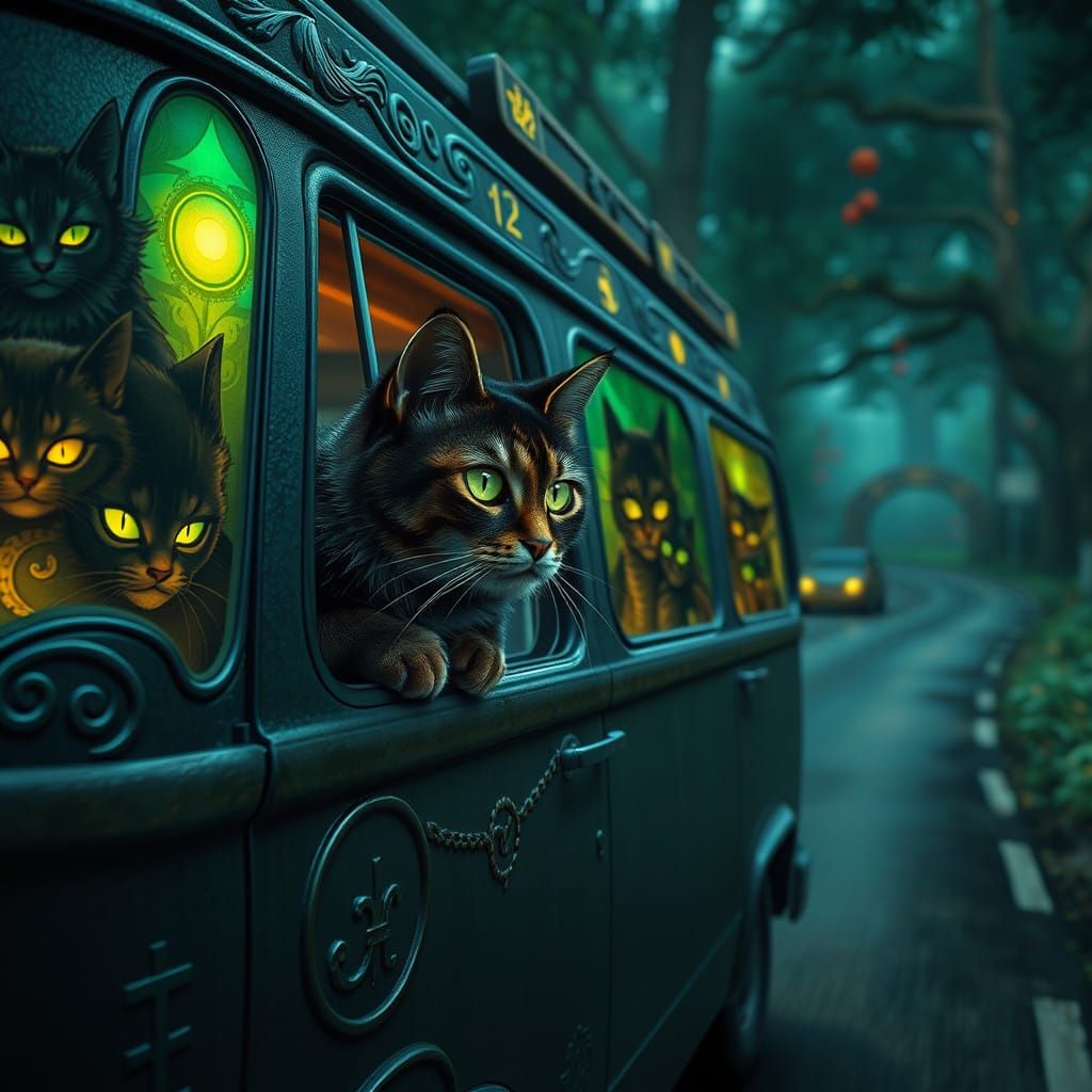 Mystical Van Speeds Down Winding Road in Fantasy Landscape