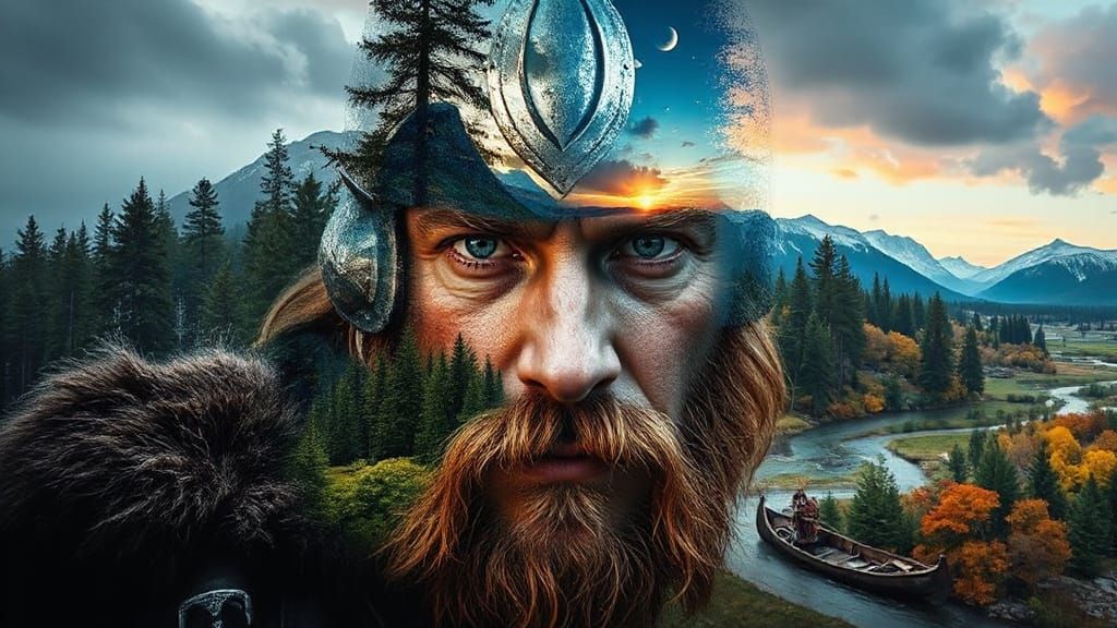 Viking Warrior Double Exposure Collage in Hyperrealism