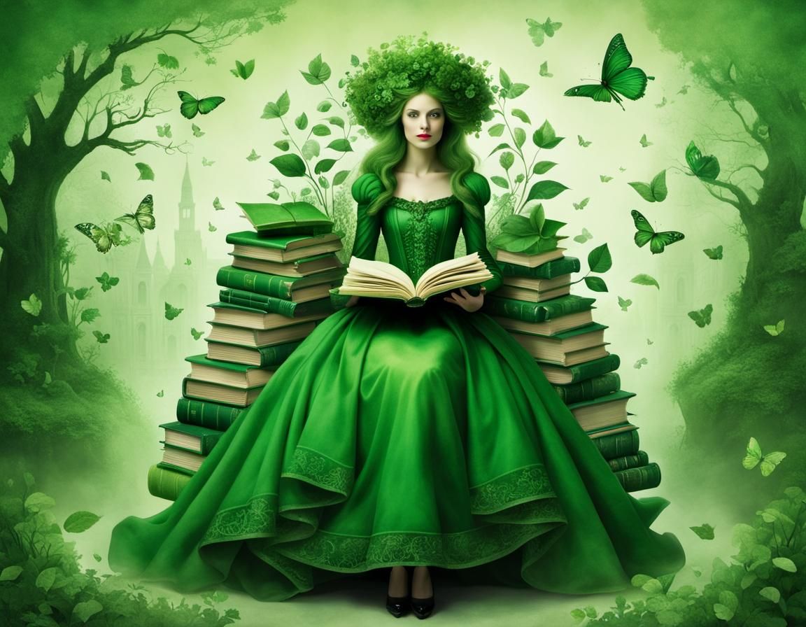 Fairytale Woman with Books in Green Tones