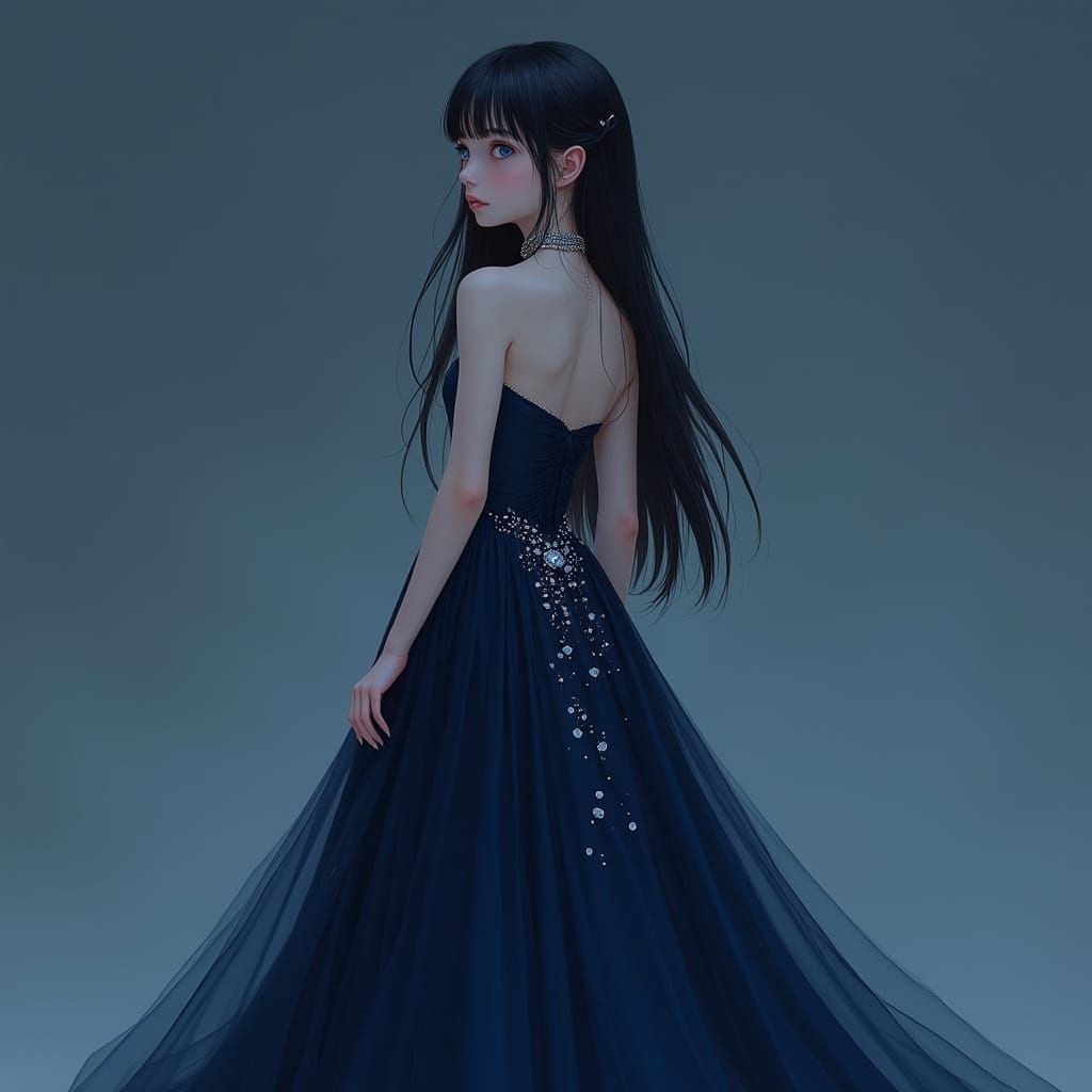 Ethereal Teenage Girl in Dark Blue Dress with Elegant Silhou...