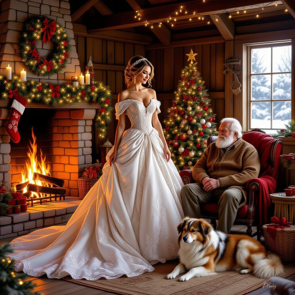 Woman in Ornate Gown in Cozy Barn with Elderly Man