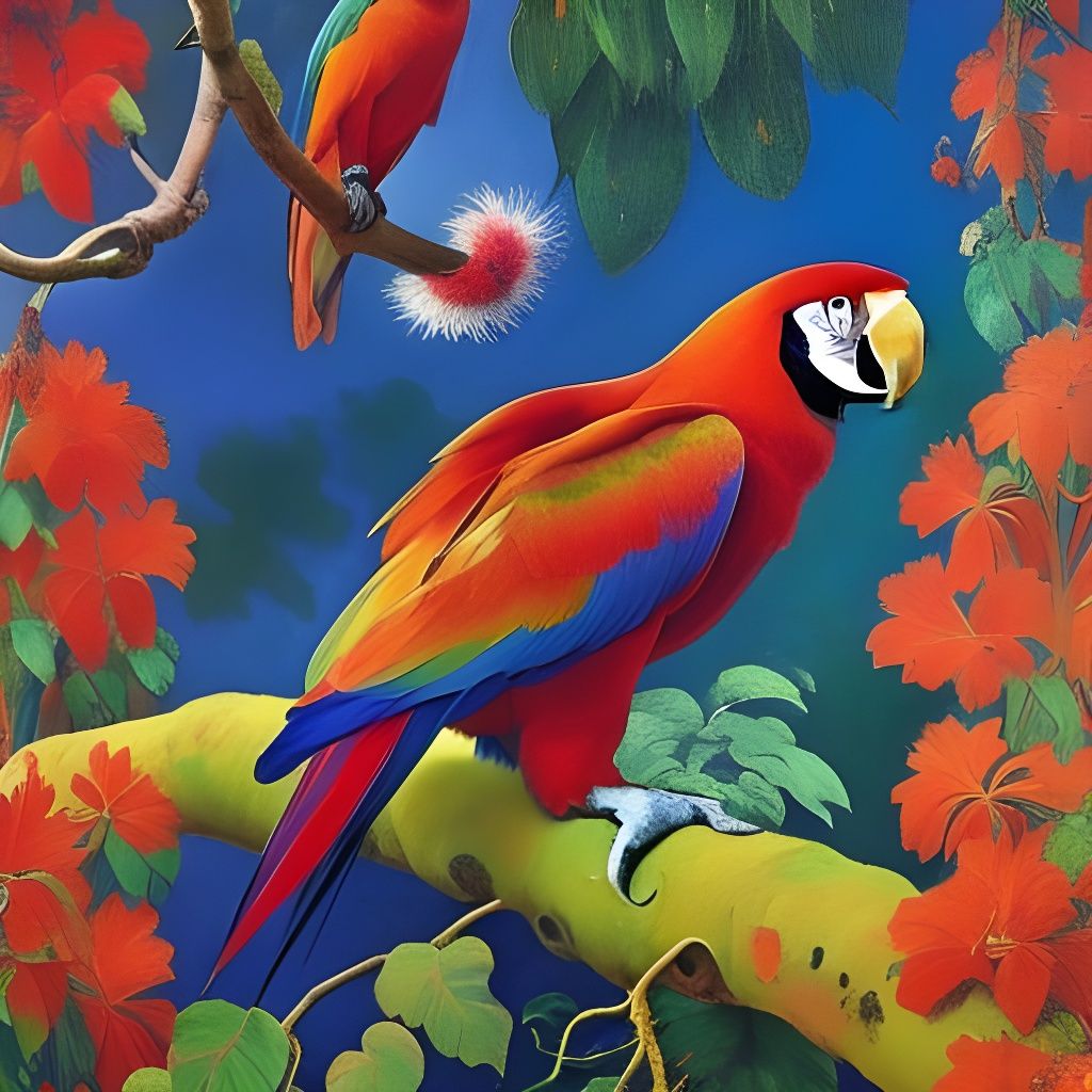 Scarlet Macaw in Gauguin-Inspired Jungle