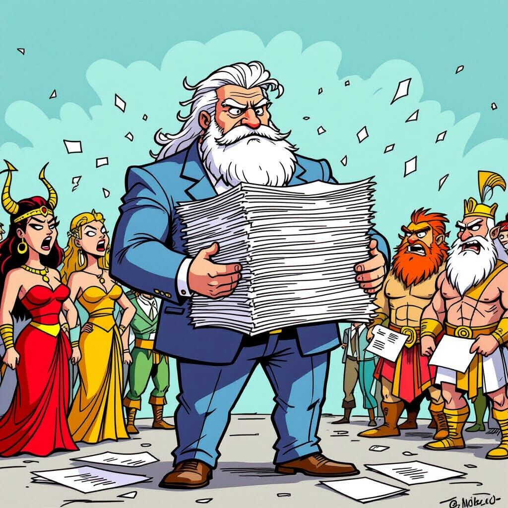 Zeus Overwhelmed by Paternity Suits in Cartoon Style