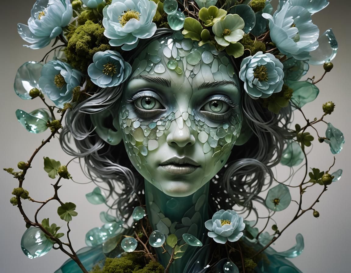 Translucent Sea Glass Woman with Peonies, Digital Art