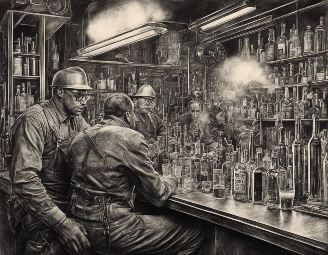 Hyperdetailed Charcoal Drawing of a Cyborg Bartender