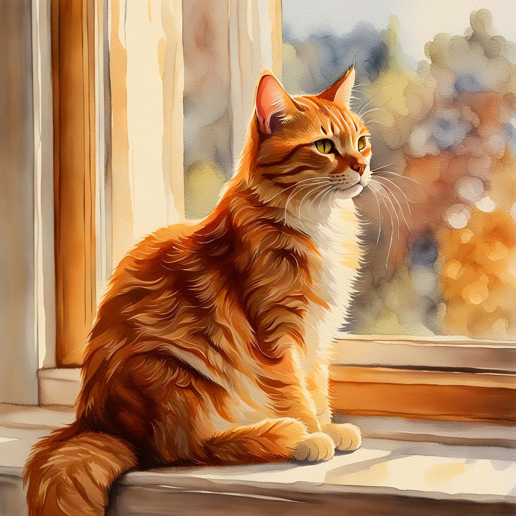 Ginger Cat on Windowsill in Watercolor Style