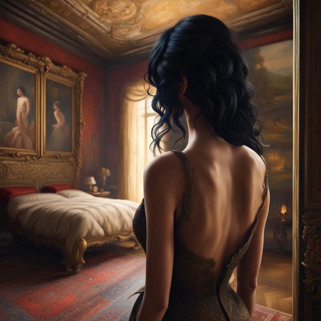Model Undressing: Antique Oil Painting in Bedroom