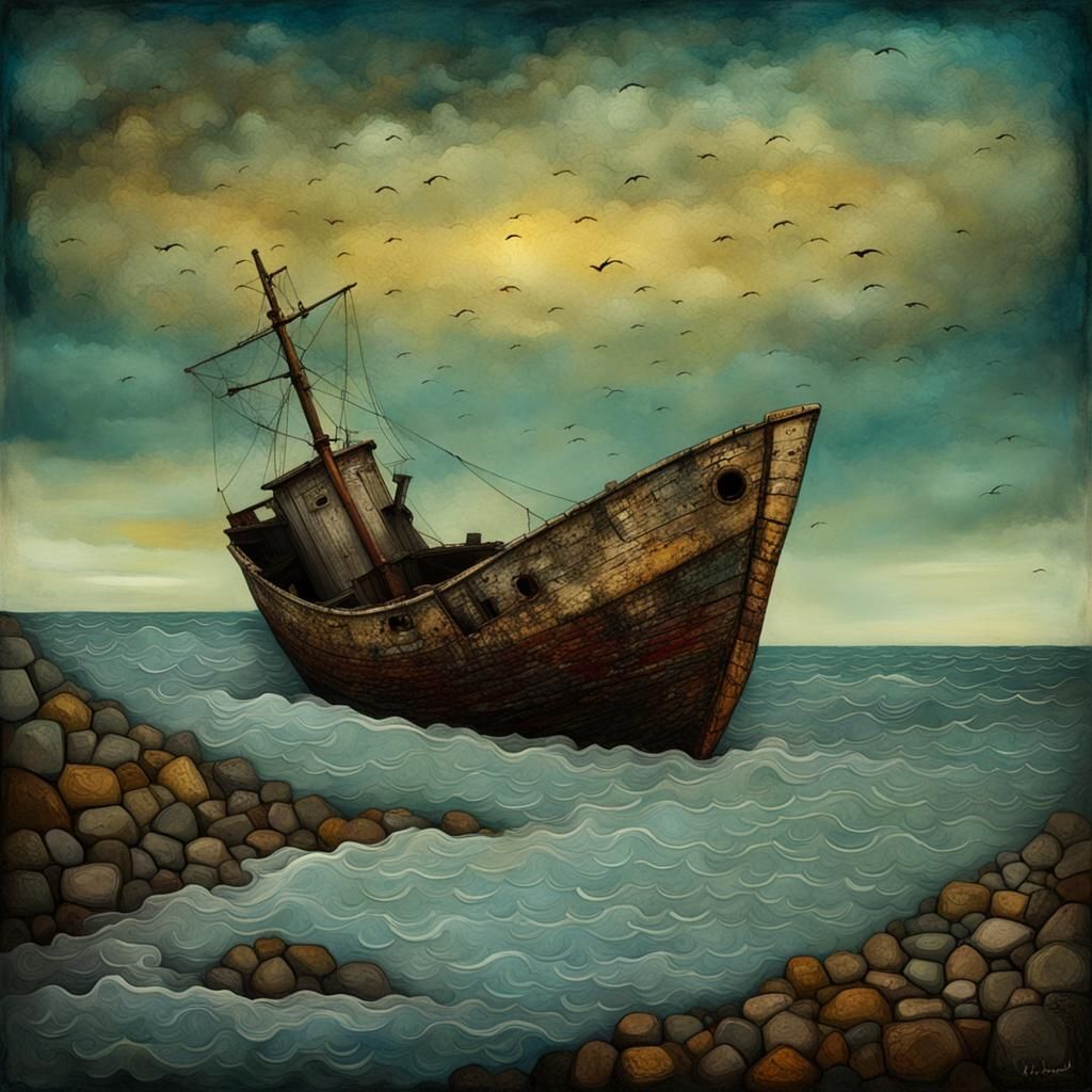 Wrecked Fishing Boat on Rocky Shoreline