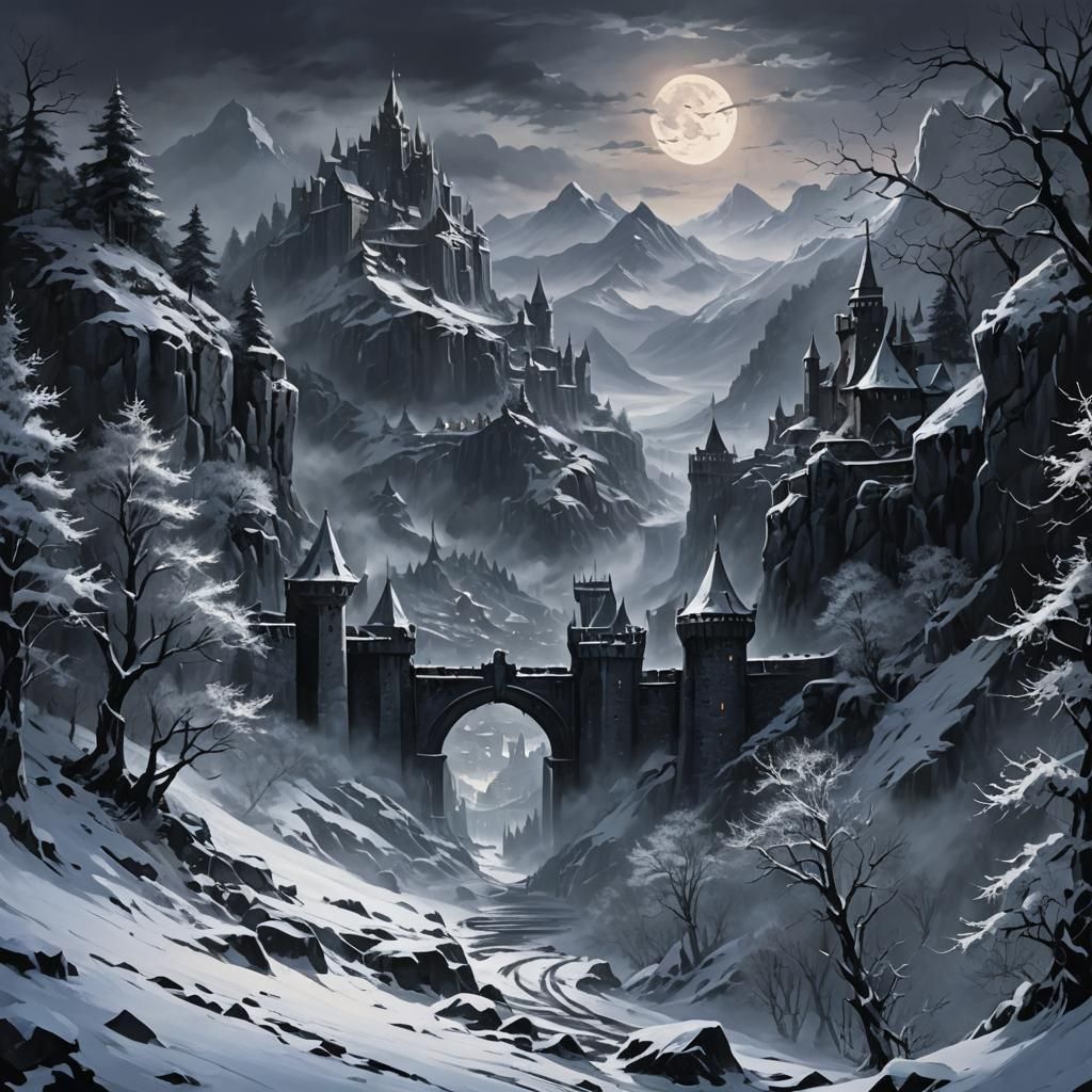 Foreboding Fortress Gates in Winter Moonlight