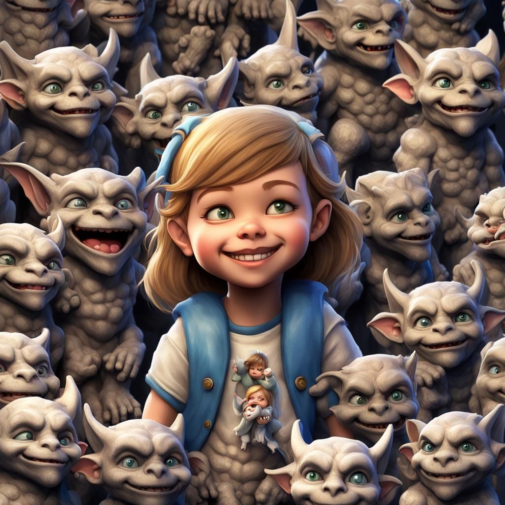 Delighted Woman with Chibi Stone Gargoyles