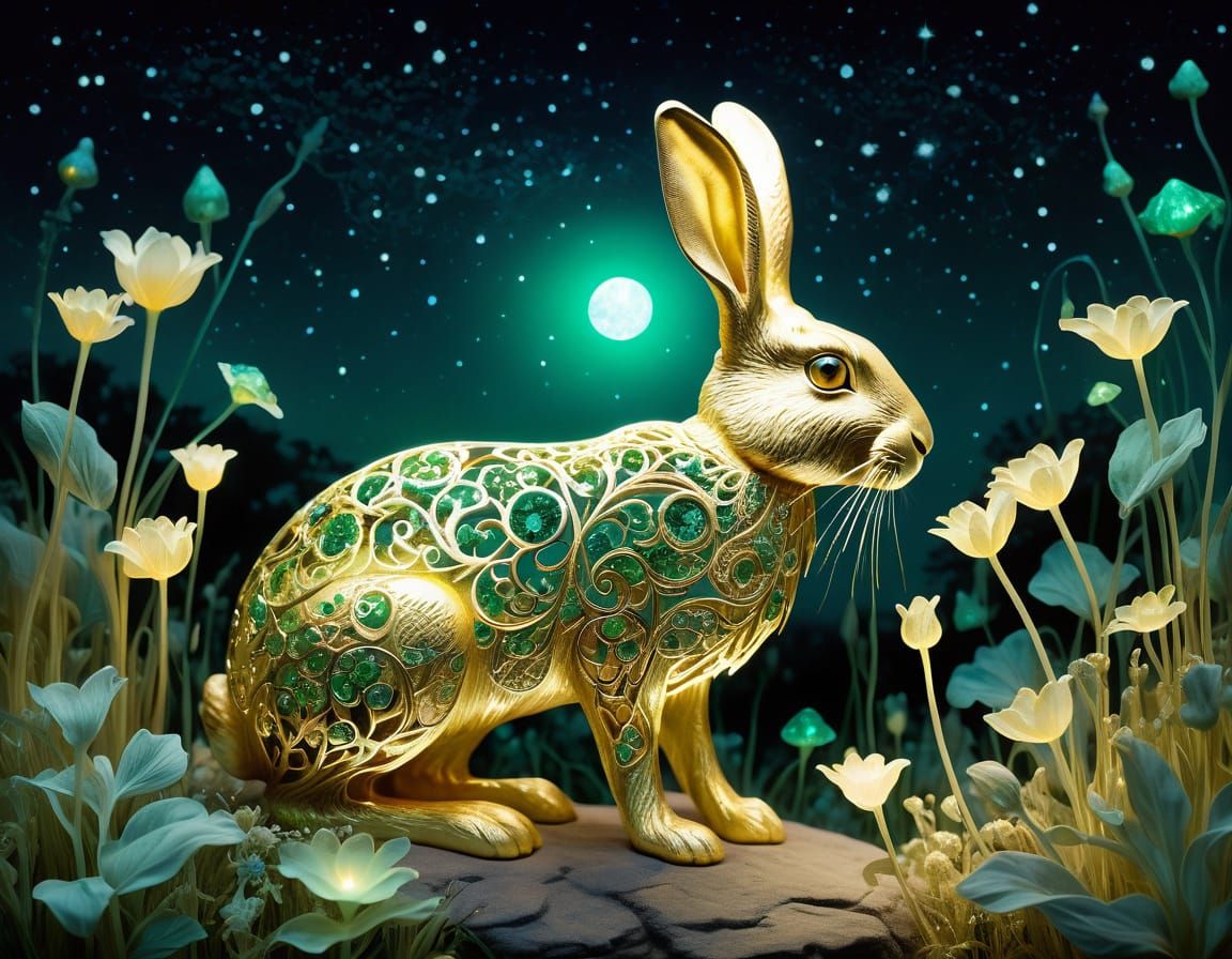 Golden Rabbit with Emerald Eyes in Bioluminescent Field