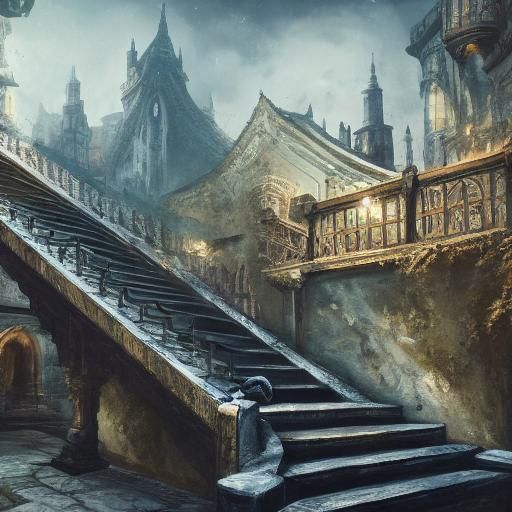 Dusk Lit Staircase with Distorted Railing in Matte Painting