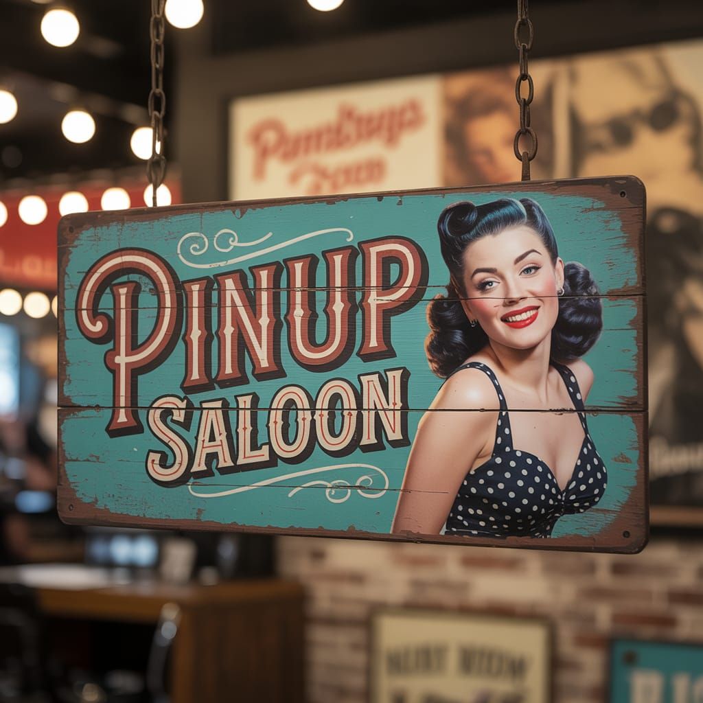 Neo-Retro Pin-Up Saloon Sign in Rockabilly Style