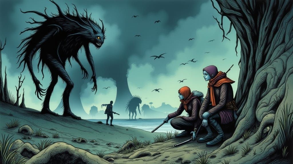 Adventurers Hide From Monsters in Stormy Comic Art