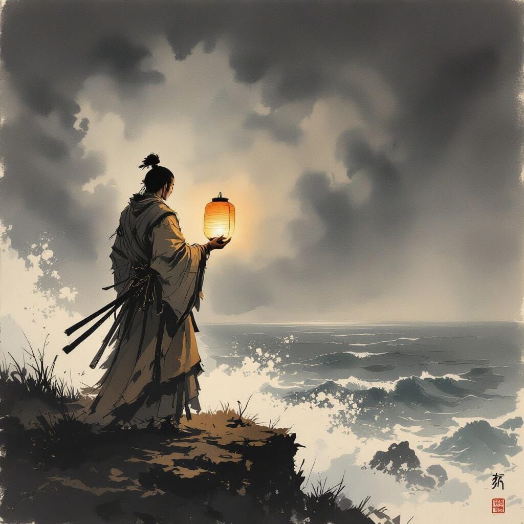 Samurai with Lantern in Ink Wash Style