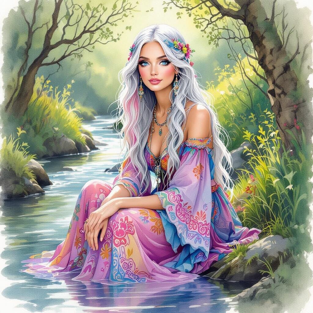 Boho Woman by Stream in Whimsical Watercolor Style