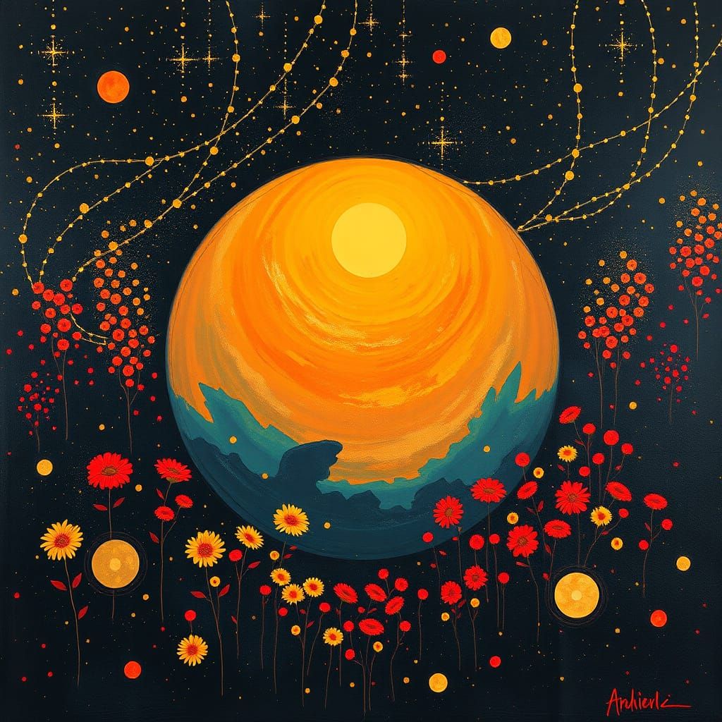 Heart-Shaped Earth with Floral Hearts in Abstract Style