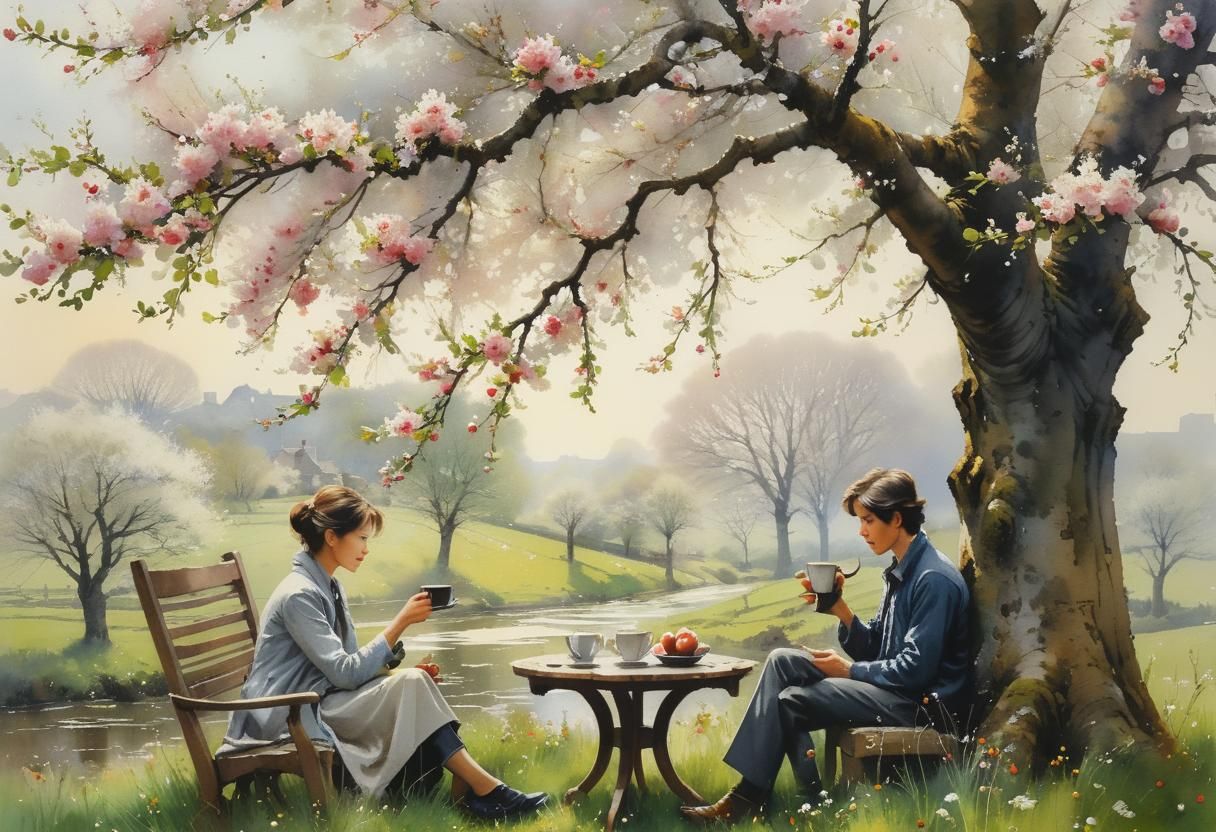 Coffee Under Apple Tree: Detailed Watercolor Painting