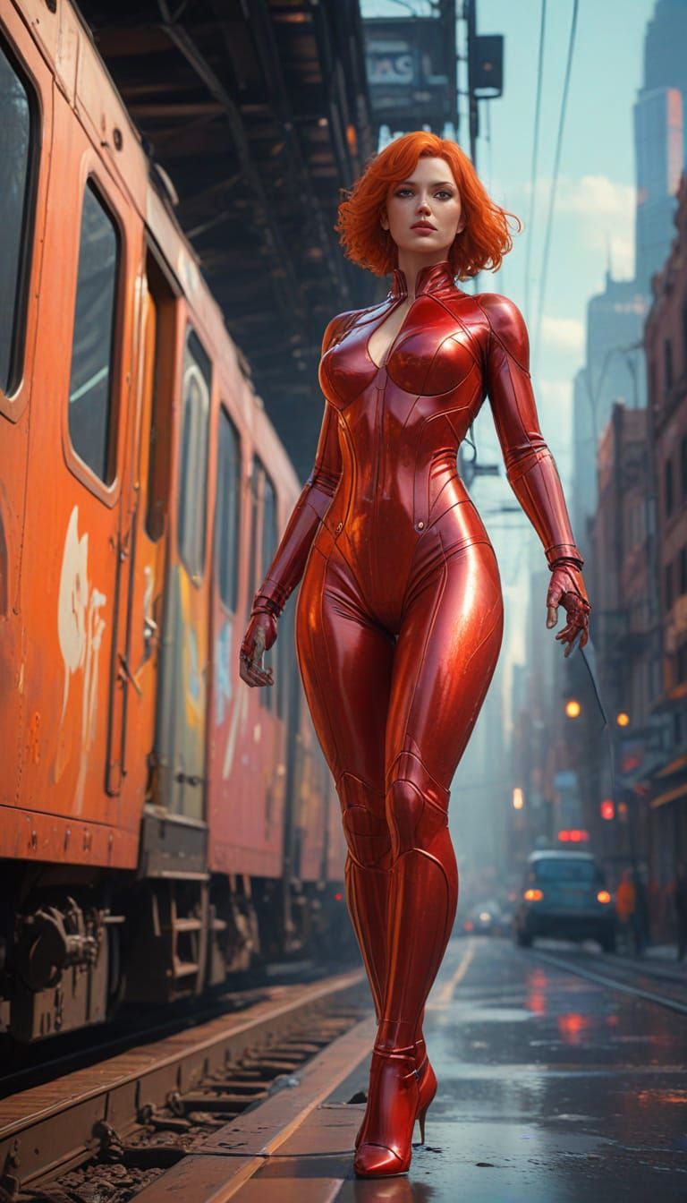 Redhead Leaping from Train in Art Deco Cityscape