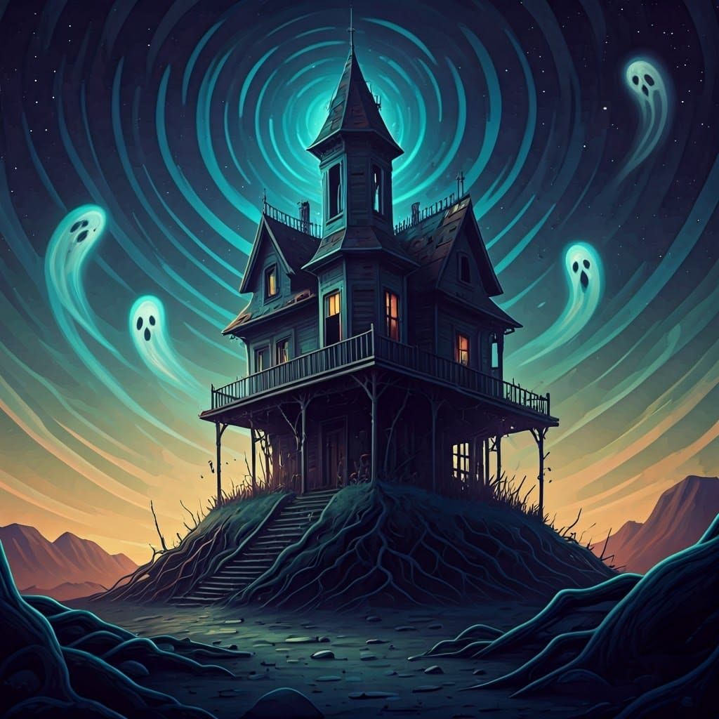 Whimsical Haunted House Under Moonlight in Gothic Style