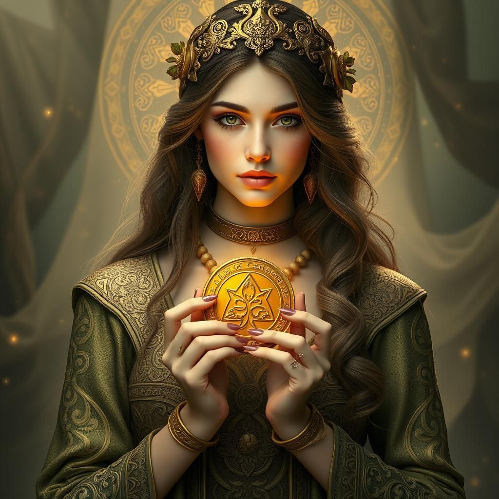 Mystical Woman with Ace of Pentacles in Art Nouveau Style