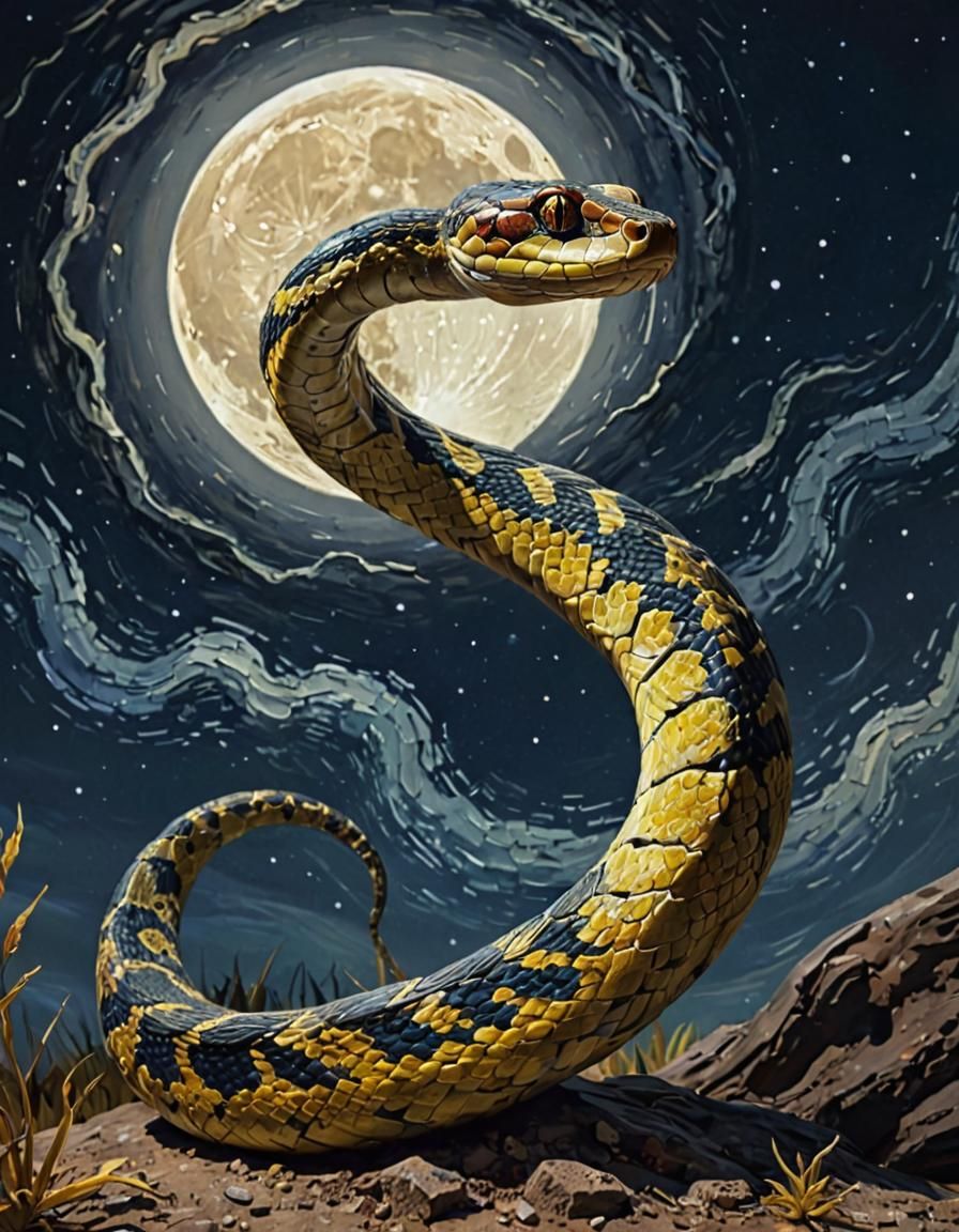 Glowing Snake Under Moon in Van Gogh Style